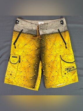 Metal Mulisha Technical Drinking Board Shorts Beer Pint Graphic Yellow 36 NWOT